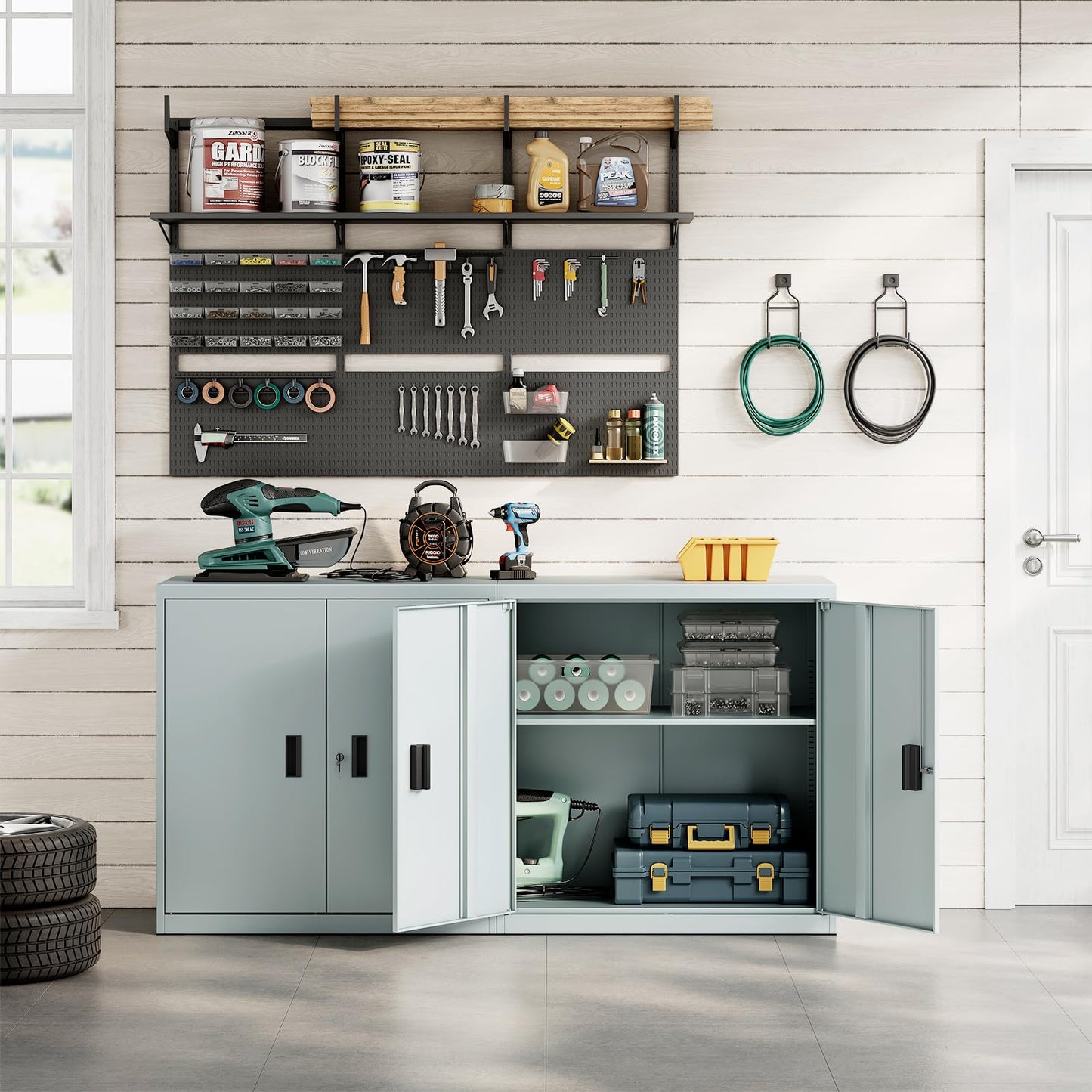 WOLTU Aktenschrank abschließbar, Ordnerschrank mit höhenverstellbarem Einlegboden, Metallschrank mit Schloss, Büroschrank Lagerschrank Mehrzweckschrank, Grau, B90xH92xT40 cm, ASK12gr