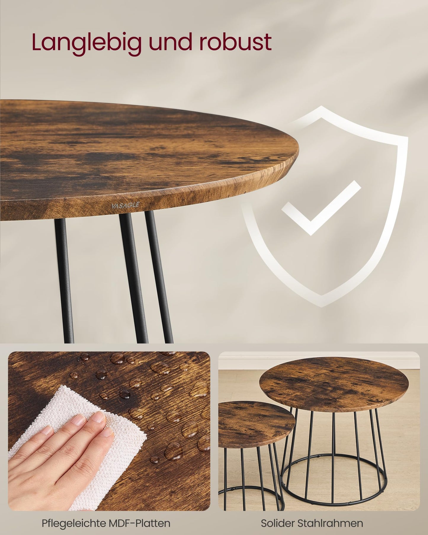 VASAGLE Couchtisch rund, 2er Set, modern, runder Beistelltisch, mit Stahlgestell, für Wohnzimmer, Schlafzimmer, vintagebraun LCT045K01