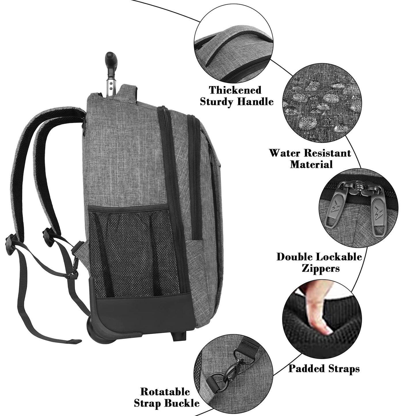 MATEIN Schulrucksack mit Rollen, Business Trolley Leicht Handgepäck Flugzeug Reiserucksack Herren 17 Zoll Laptoptasche Reisetasche mit Rädern Damen Schultrolley Wheeled Backpack für Arbeit, Uni, Grau
