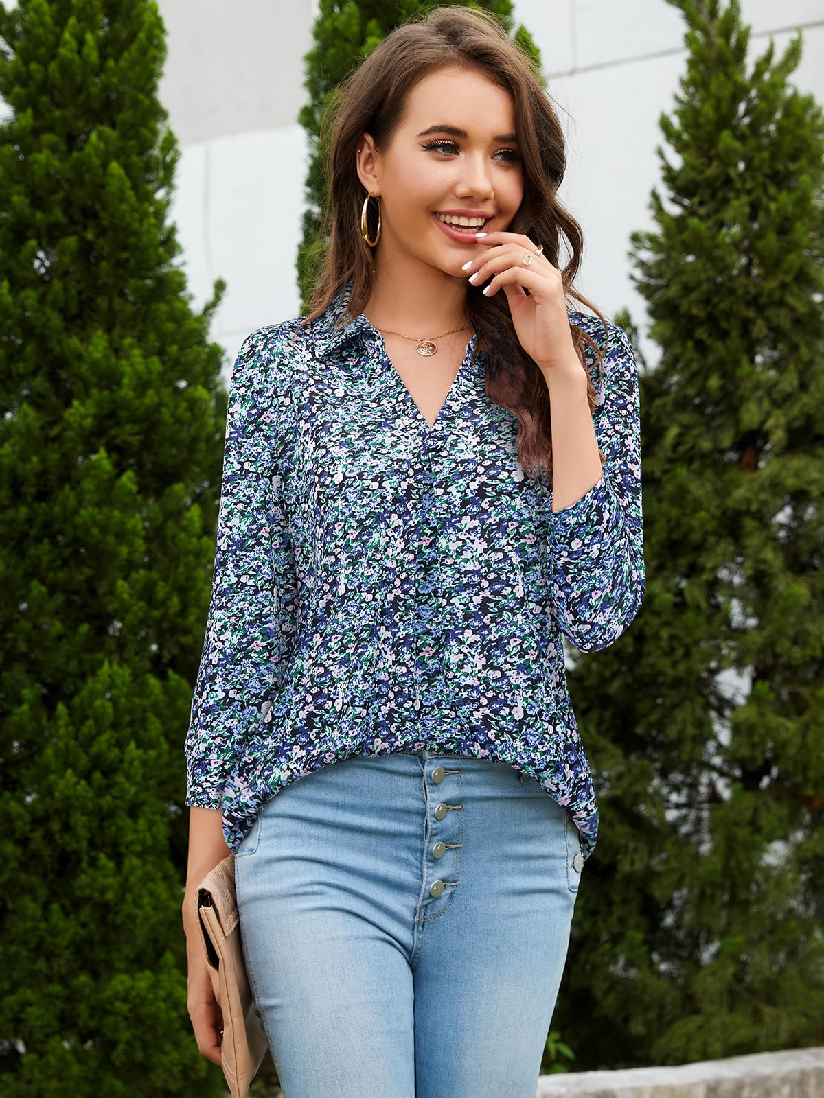 Siddhe Damen Bluse Elegant 3/4 Ärmel Oberteile V-Ausschnitt Große Größen Tunika Tops A-Linie Lockere Arbeits Longshirt Lässige Business Mode Hemd Büro Damenblusen, Blau Blumen 3XL