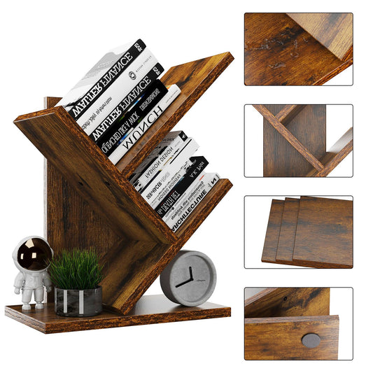 YMYNY Bücherregal im Baumform, 2 Ebenen Schreibtisch-Organizer, Modernes Holzregal für Bücher/Filme/CDs, Schmaler Display Ständer für Schlafzimmer, Home Office, Rustikal Braun HBC012H