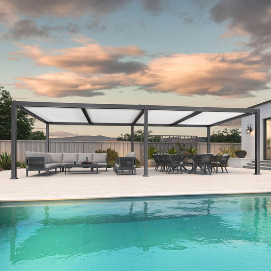 PURPLE LEAF Pergola 3.45 x 8.3 m Wasserdicht Stabil Winterfest Alu Pergola Freistehend mit Lamellendach Terrassenüberdachung mit Alu-Lamellen für Partyzelt, Grauer Rahmen und Weißes Dach