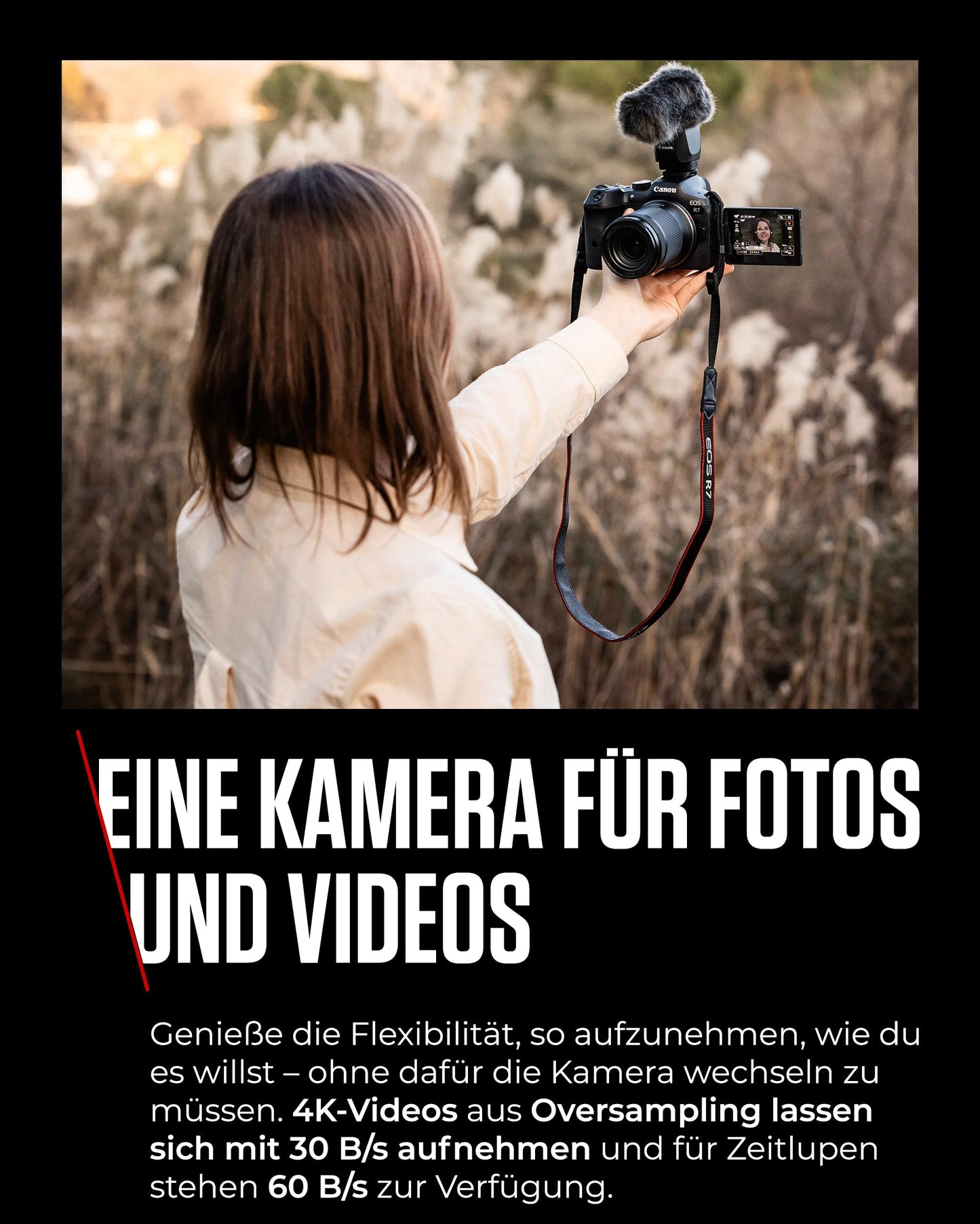 Canon EOS R7 Kamera spiegellose Camera (DSLR Upgrade, Hybridkamera, 4K/30p Videoaufnahmen, bis zu 15 B/s, WLAN, Deep-Learning Dual Pixel CMOS AF II Fokussystem) schwarz