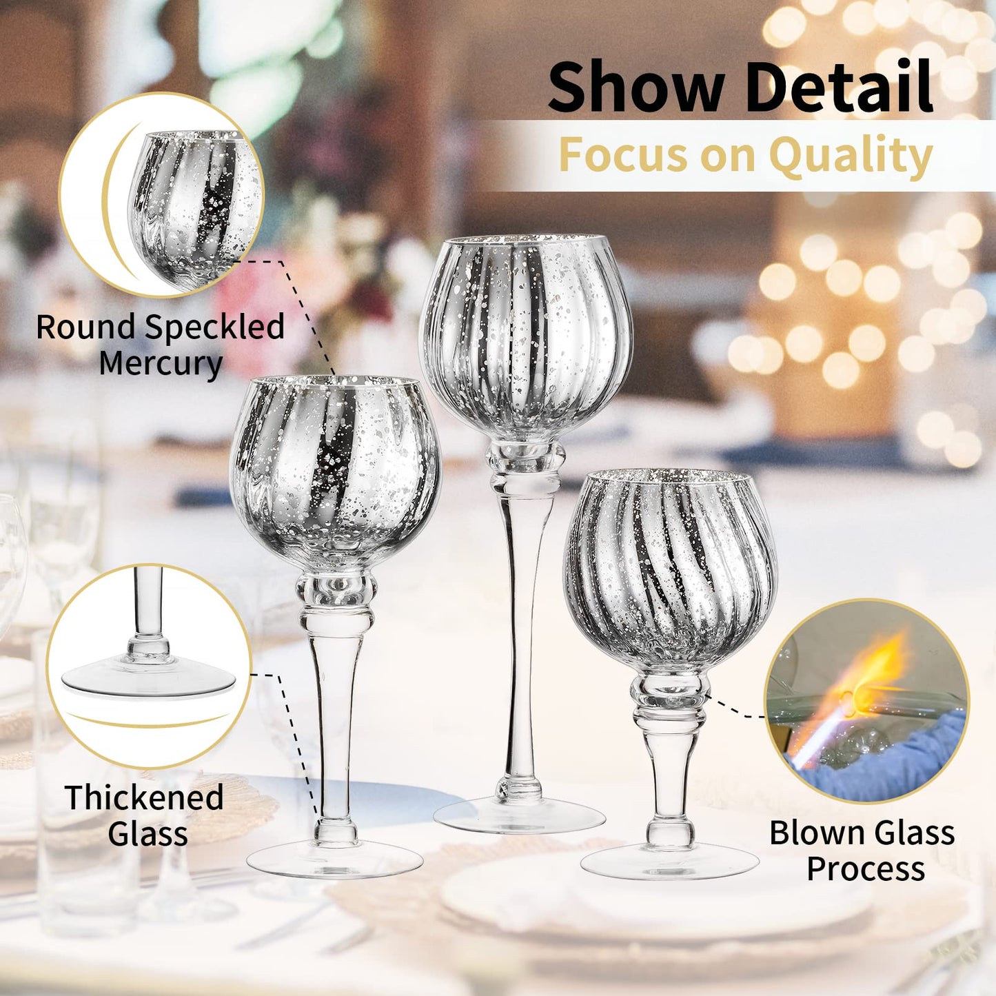 Nuptio Teelichthalter Glas 3 Stück Große Quecksilber Teelichter Kerzenständer Große Silberne Kerze Halter Glas Langen Stamm Säule Tisch Tafelaufsatz für Hochzeit Partei Weihnachten Mantel