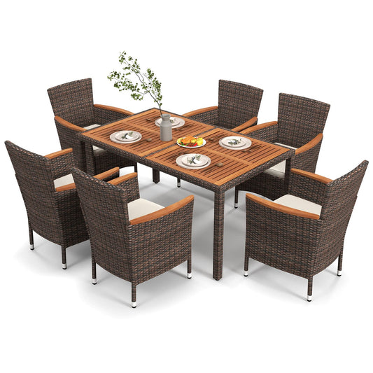 COSTWAY 7 TLG. Rattan Gartenmöbel Set, Sitzgruppe für 6 Personen, Gartentisch mit Tischplatte aus Akazienholz, 6 stapelbare Stühle & Kissen, Terrassenmöbel Set, Gartengarnitur, Sitzgarnitur, Essgruppe