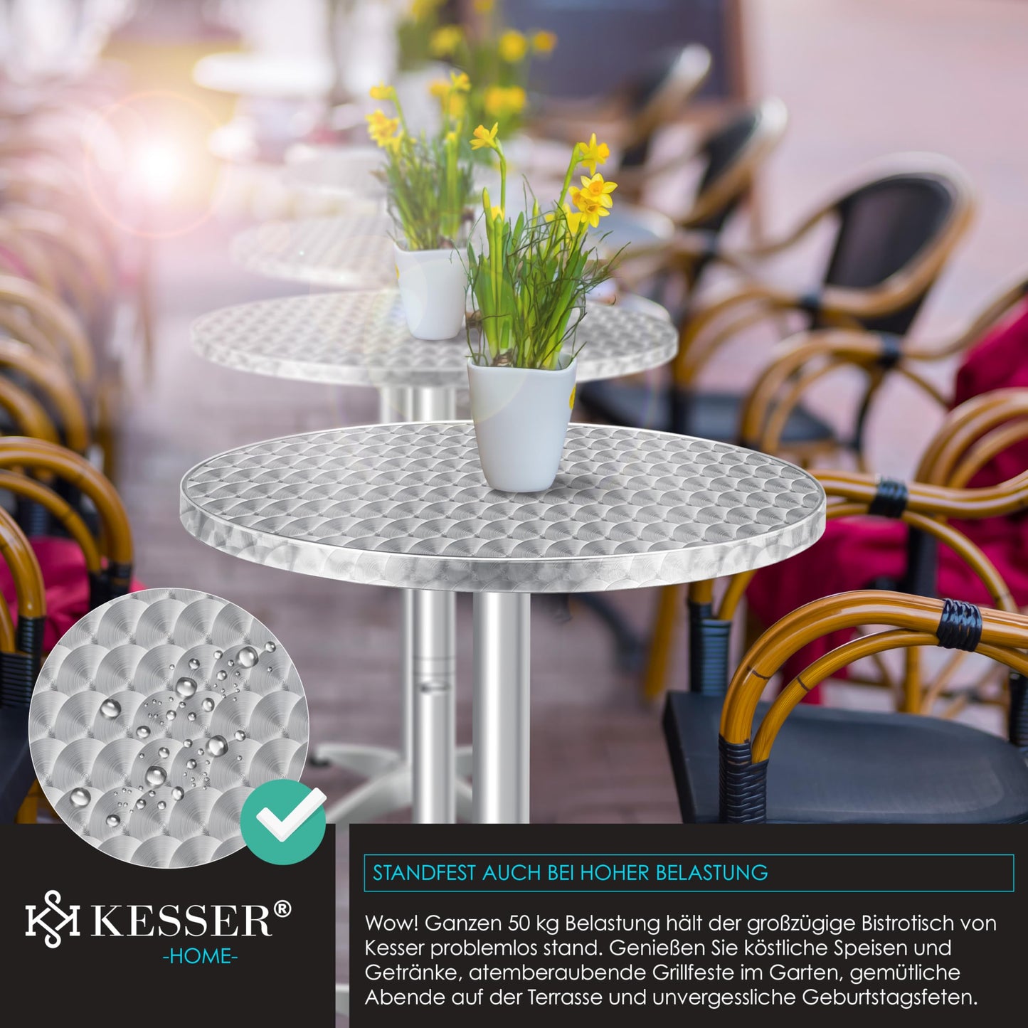 KESSER® 2in1 Stehtisch klappbar Bistrotisch 2er Set | Aluminium Edelstahlplatte | höhenverstellbar 70cm / 115cm | Partytisch Tisch Ø 60cm | In- & Outdoor Empfangstisch | Klapptisch mit Cover Silber