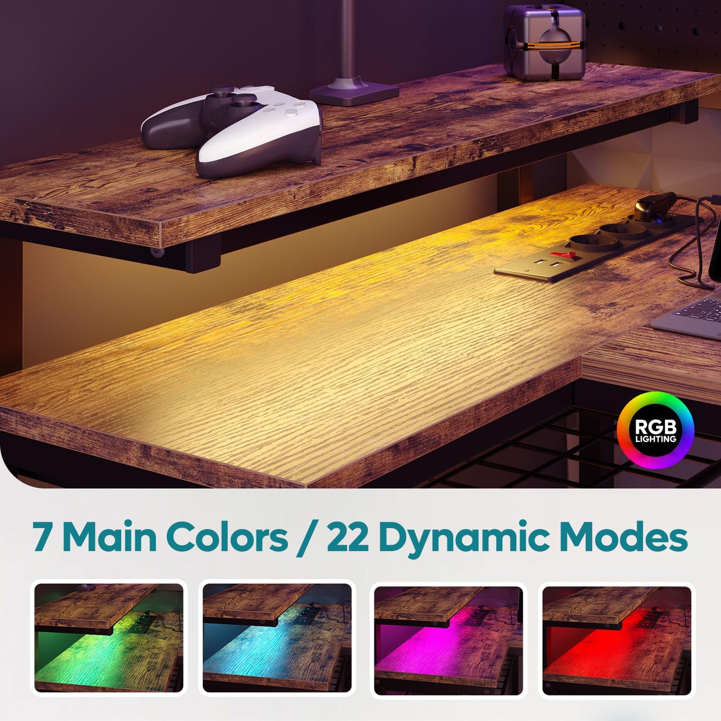 Bestier 132 cm L-förmiger Schreibtisch mit Steckdosen & LED-Beleuchtung, umkehrbarer Eckschreibtisch mit Regalen, großer PC-Arbeitsplatz mit Haken für Home Office und Schlafzimmer