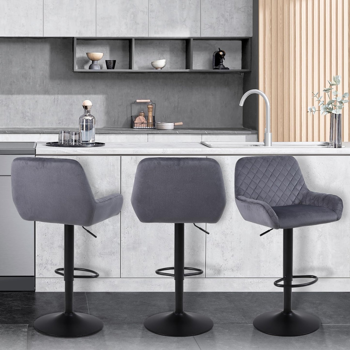ralex-chair Barhocker 2er Set, Höhenverstellbare Drehbare Barhocker aus Samtstoff, Frühstücks-Esshocker mit Rückenlehne und Armlehne für Bar, Theke und Küche, Grau