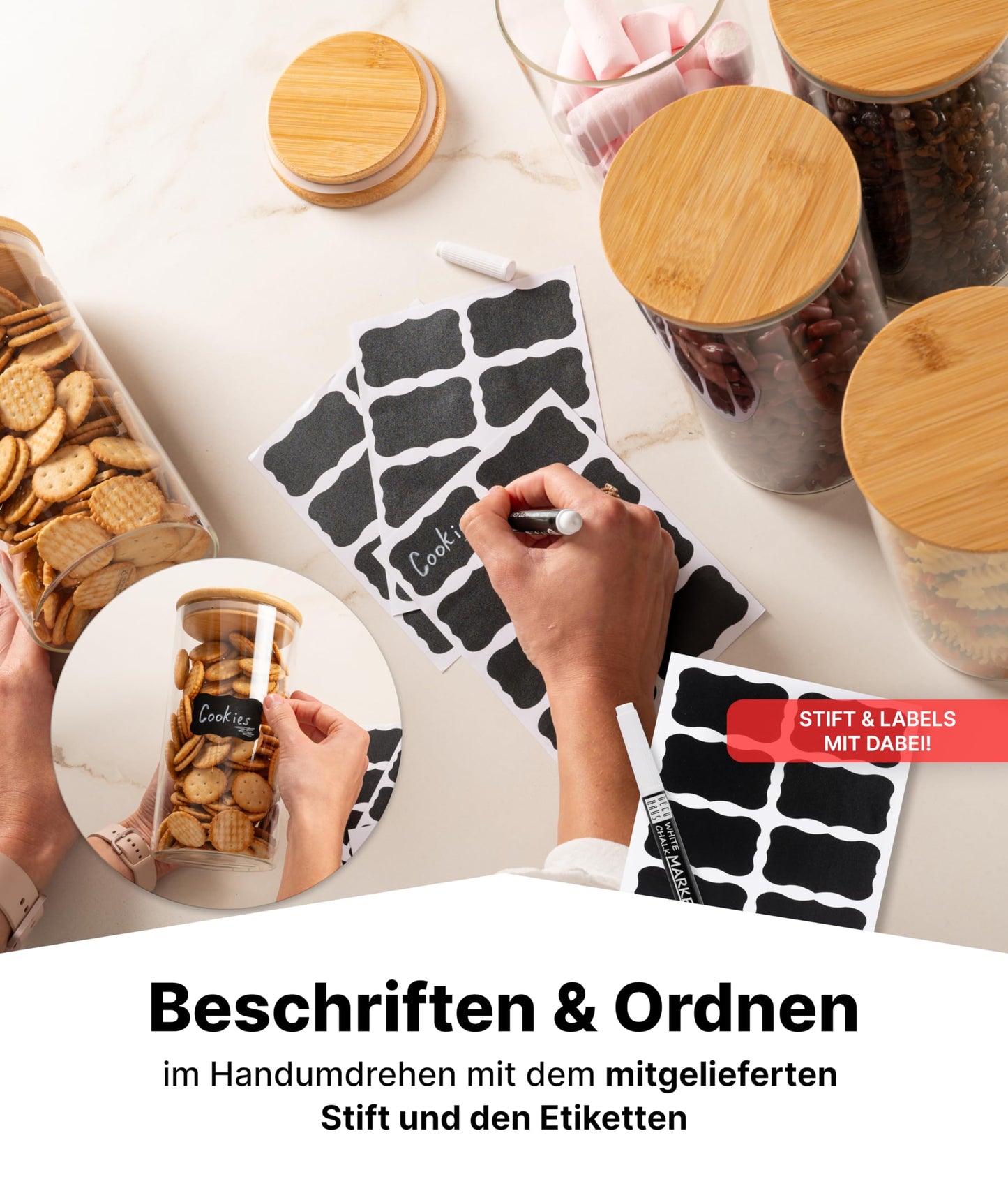 Deco haus® Vorratsgläser mit Deckel 4er Set [+ETIKETTEN] - Für Müsli, Zucker, Mehl - Vorratsdosen Glas, luftdicht - Aufbewahrungsglas - Aufbewahrungsbox Küche Vorratsbehälter