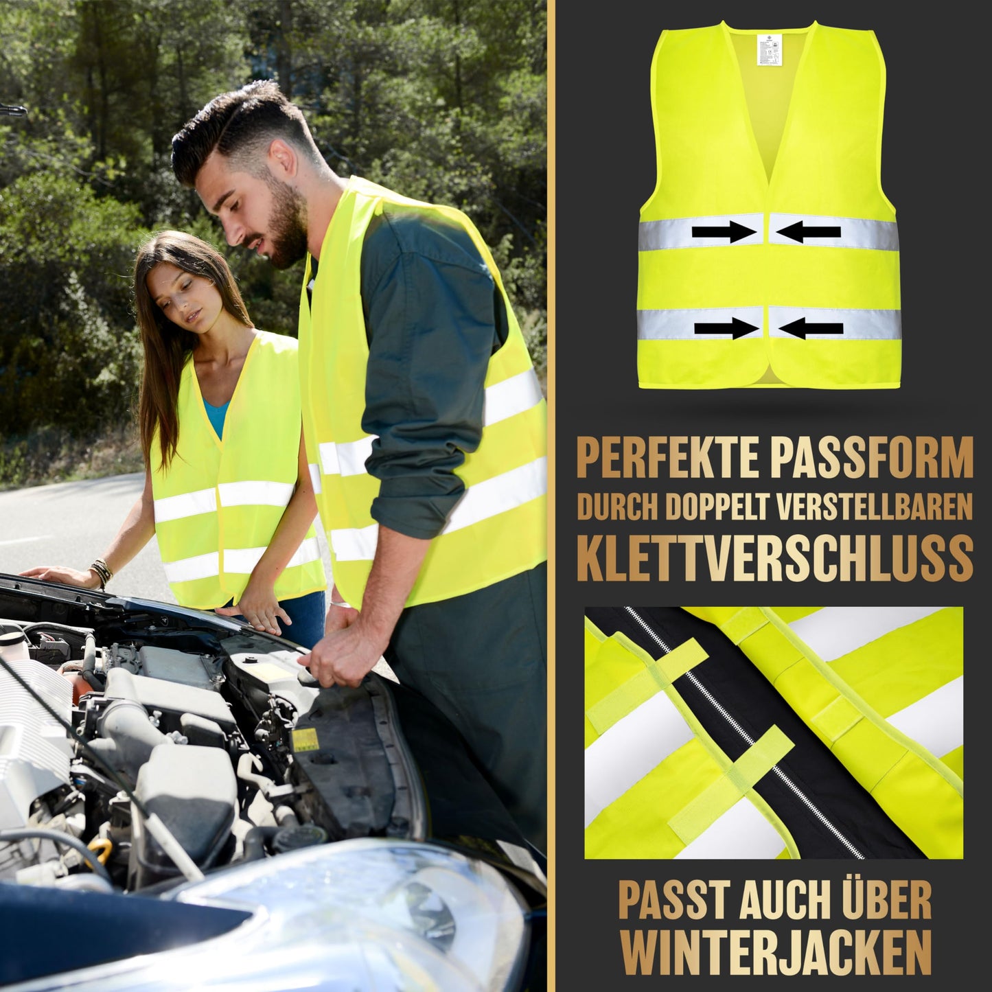 HELDENWERK Auto Warnweste 4er Set für Erwachsene europaweit einsetzbar - Reflektierende Warnwesten 2025 - PKW Sicherheitsweste, Pannenweste, KFZ Weste