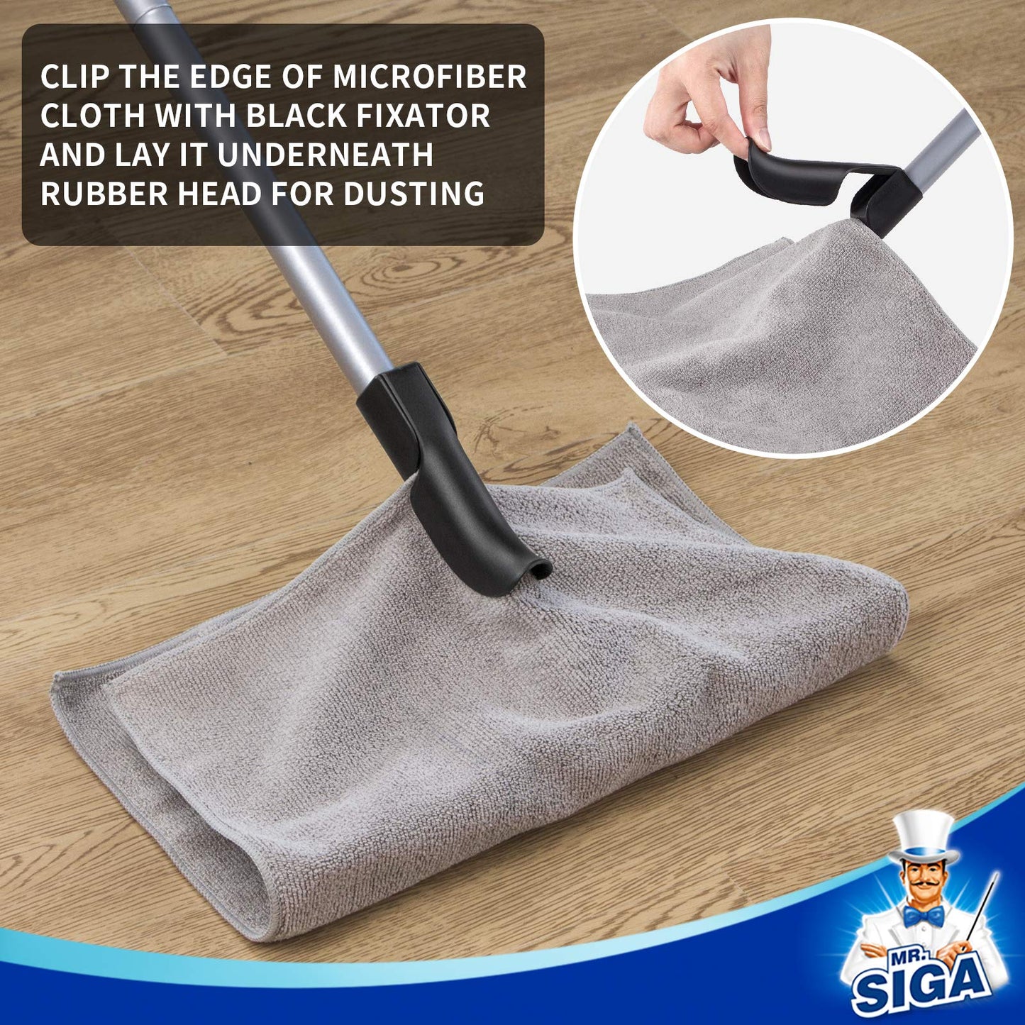MR.SIGA Gummibesen mit Abzieher zum Entfernen von Tiere Katzen Hunde Haare, 3 in 1 Bodenbürste für Teppich, 155cm Verstellbarer Griff, enthält 1 Mikrofasertuch zum Abstauben des Bodens