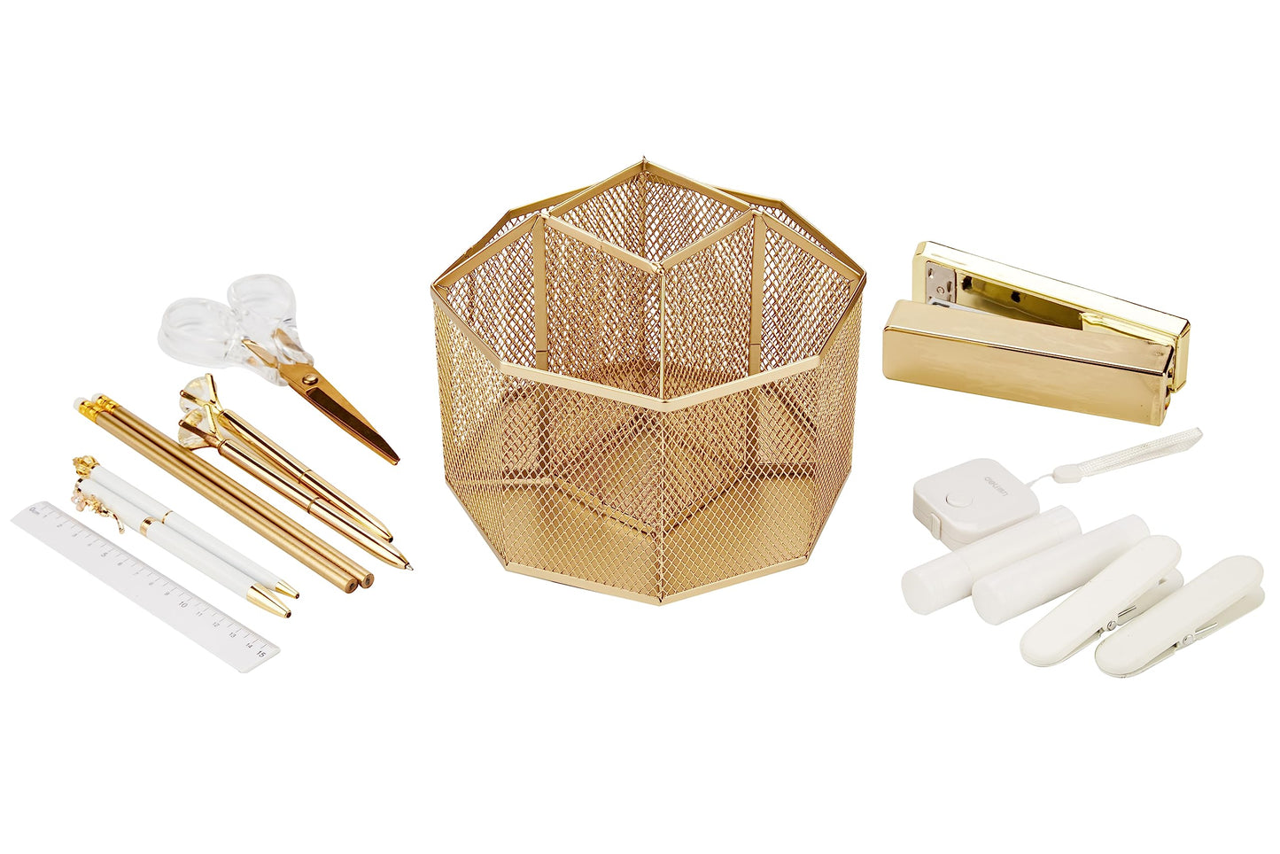 Annova Schreibtisch-Organizer aus Netzstoff, drehbar, mit 5 Fächern, für Süßigkeiten/Stifte, Büro, Kunstbedarf, Aufbewahrung, Klassenzimmer, Zuhause (Gold)