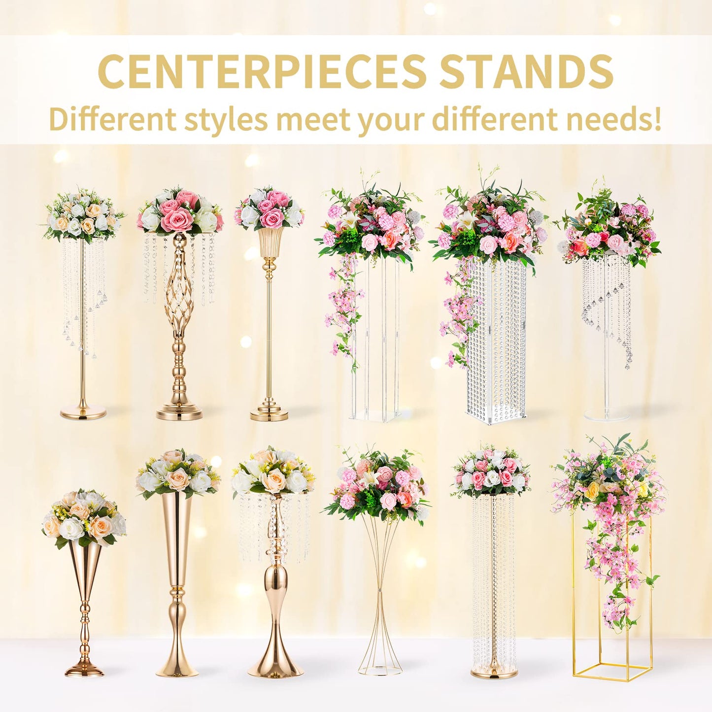 NUPTIO 2 Stück Künstliche Blumenstrauß, 15 Köpfe Kunststoff Rosen mit Sockel, Geeignet für Unser Geschäft Hochzeit Herzstück Blumenregal für Parteien Valentinstag Dekoration(Champagner & Weiß)