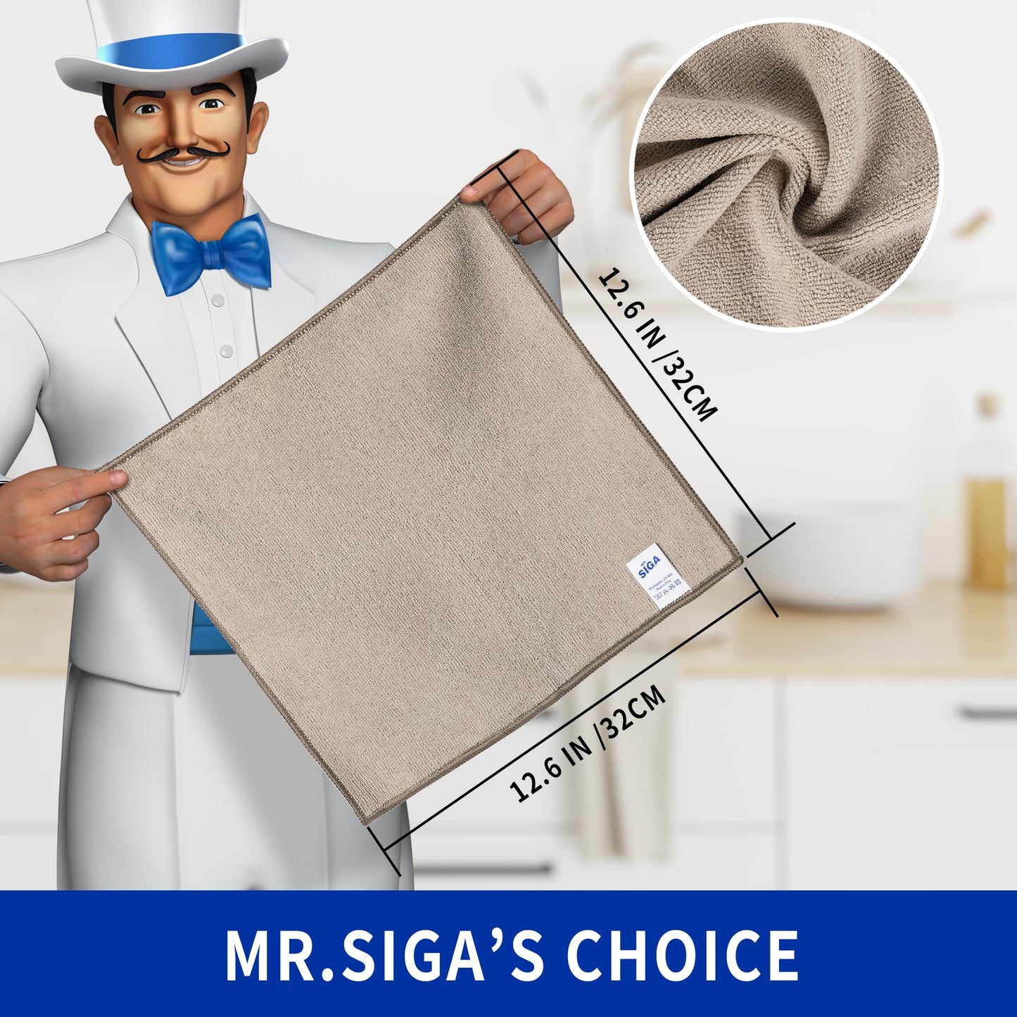 MR.SIGA Mikrofaser-Reinigungstücher, Allzweck-Mikrofaser-Handtücher, streifenfreie Tücher, 12 Stück, Weizen, Größe 32 x 32 cm