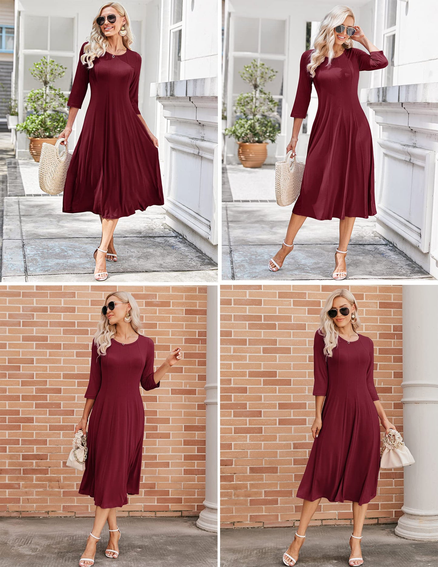 Hotouch Damen Kleid Rundhals Freizeitkleider Vintage Tunika Kleid 3/4 Ärmel A-Linie Kleider Elegant Wickelkleid Weinrot L