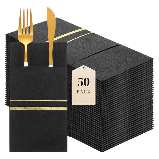LEKOCH 50 PCS Einweg Besteckservietten Schwarz mit Gold, Air Laid Stoffähnlich Servietten Vorgefaltet Bestecktasche Für Hochzeit Premium QUALITÄT,43x30 (Schwarz mit Gold)