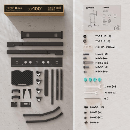 ONKRON TV Ständer rollbar für 50-100 Zoll TVs bis zu 120 kg, professioneller TV Ständer höhenverstellbar & neigbar max 1000x600 VESA Standfuß Fernseher - TV Wagen mit Rollen Schwarz TS1991-B