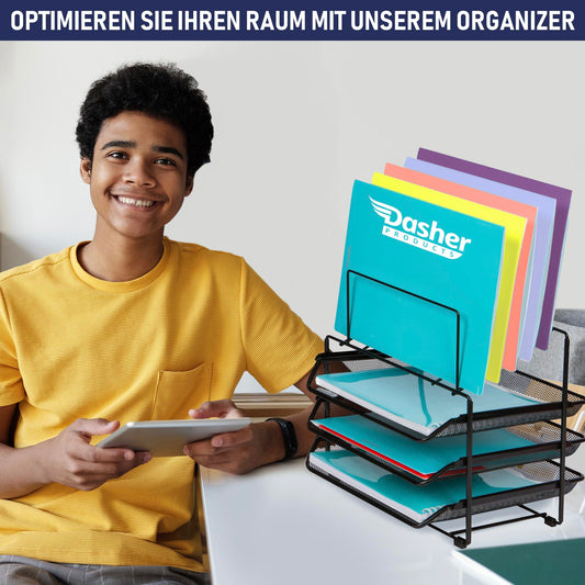 Schreibtisch-Organizer & Aufbewahrung in Netzoptik – Büroorganizer mit 3 herausschiebbaren Papierfächern und 5 vertikalen Aktenfächern, Papierfach aus Stahl in Netzoptik zur Schreibtischorganisation