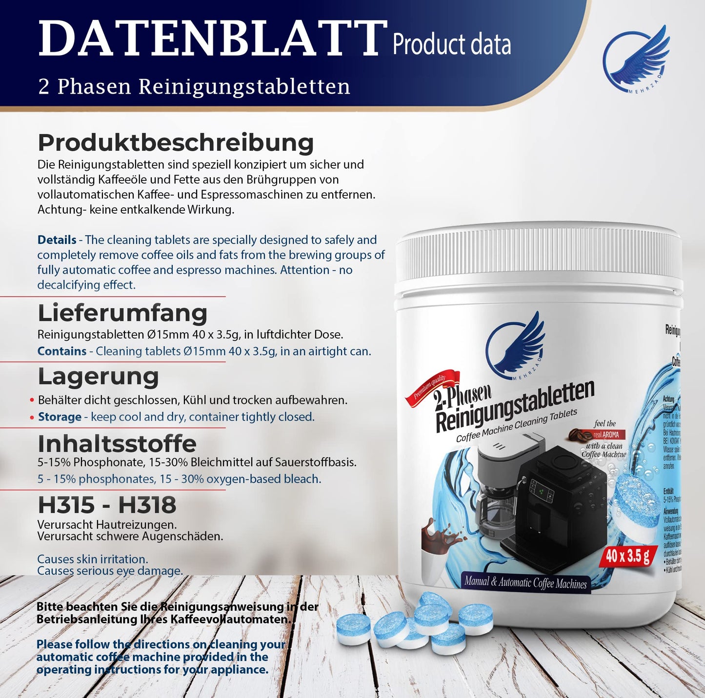 Pflegeset für Kaffeevollautomaten & Kaffeemaschinen. 2-Phasen Reinigungstabletten 40 Stück a 3,5g & Entkalkungstabletten 50 x 16g kompatibel mit Jura Siemens Bosch uvm "Made in Germany"