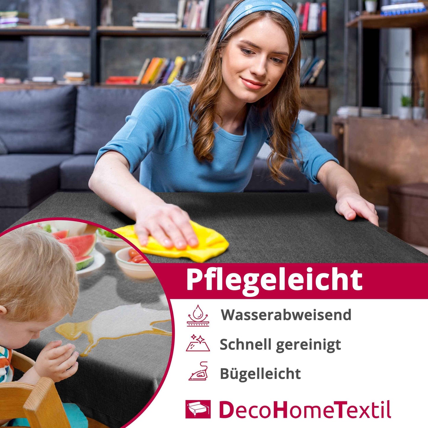 DecoHomeTextil Leinen Optik Farbe Größe wählbar - Eckig 110 x 180 BZW.180x110 BZW. 110x180 cm Grau Anthrazit mit Lotus Effekt Tischdecke mit Fleckschutz Grau Anthrazit TD Eckig