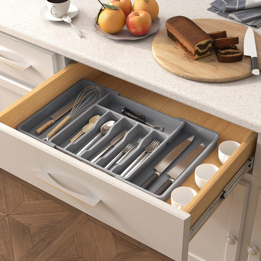 Lifewit Besteckkasten für Schubladen,erweiterbarer Besteckhalter Utensilienhalter für Küchenschubladen, kompakt Besteckeinsatz für Küche Organizer aus Kunststoff für Löffel,Gabeln, Messer, Grau