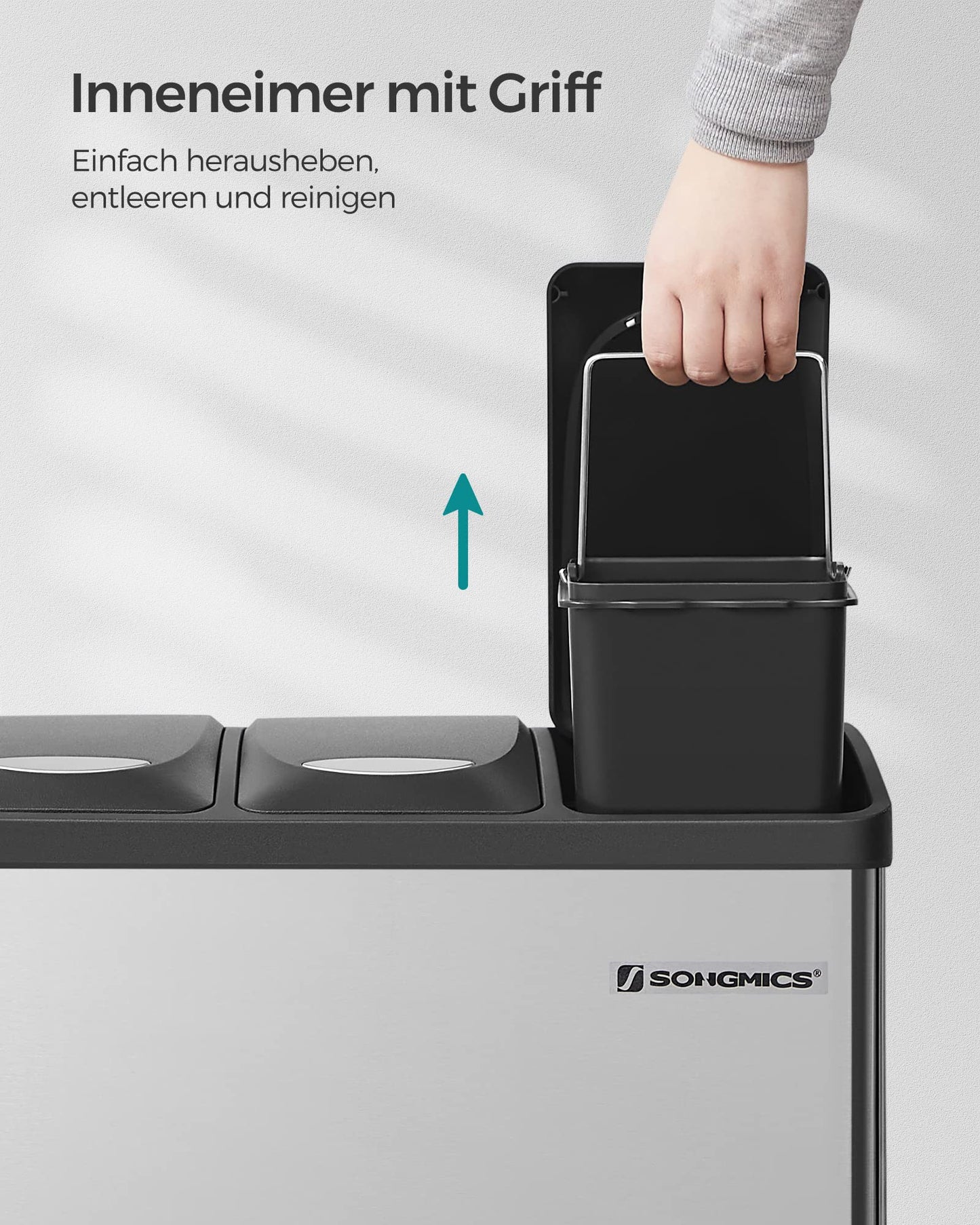 SONGMICS Mülleimer Küche, 3 x 8 L, kleine Kapazität, Mülltrennsystem 3 Fächer, Abfalleimer mit Deckel, Stahl-Treteimer für kleine Familien, Pedale und Inneneimer, silbern-schwarz LTB24L