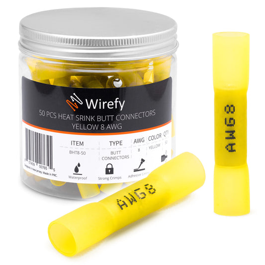 Wirefy Gelbe Kabelverbinder Wasserdicht im Set - 3:1 Schrumpfrate Quetschverbinder - Stoßfeste Verbinder Kfz als Alternative zu Lötverbinder - 8 mm² - 50 Stück
