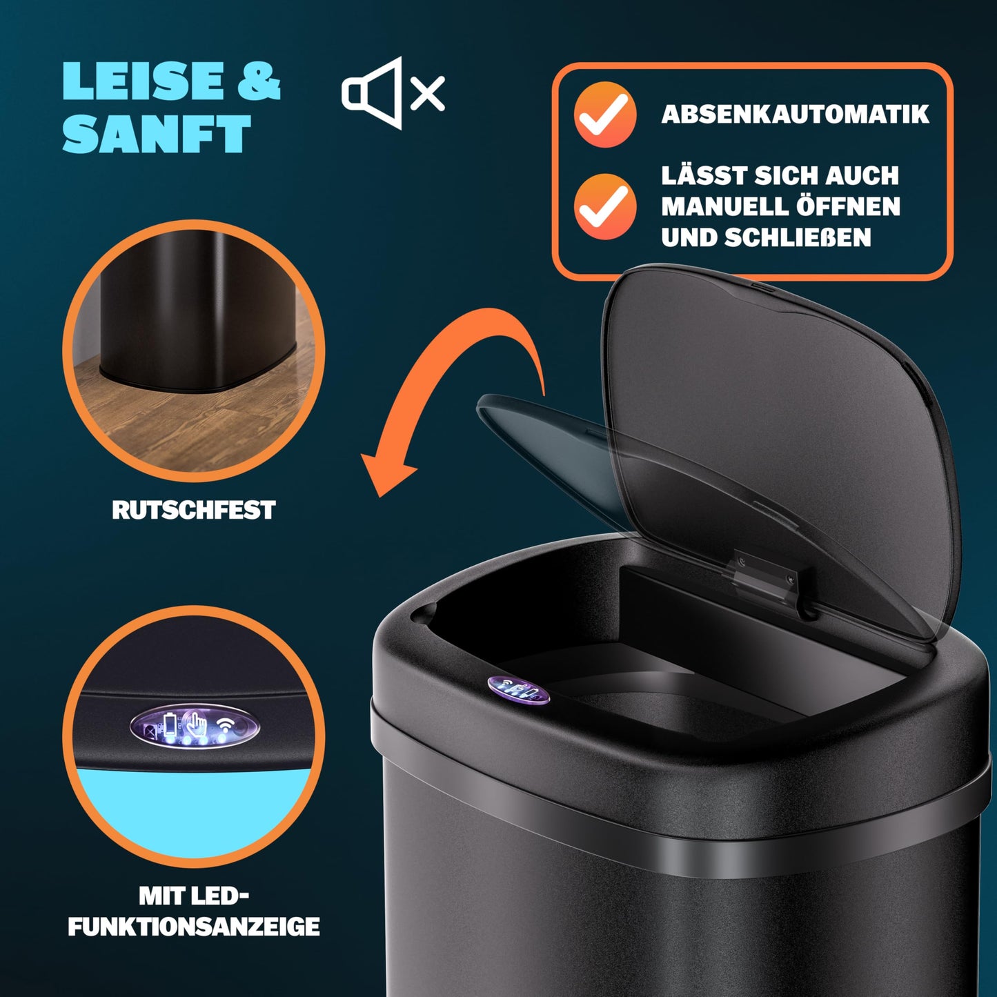 Monzana® Mülleimer mit Sensor Küche 50L Edelstahl Automatik Deckel Klemmring inkl. USB-Kabel Abfalleimer Groß Papierkorb LED Anzeige Schwarz