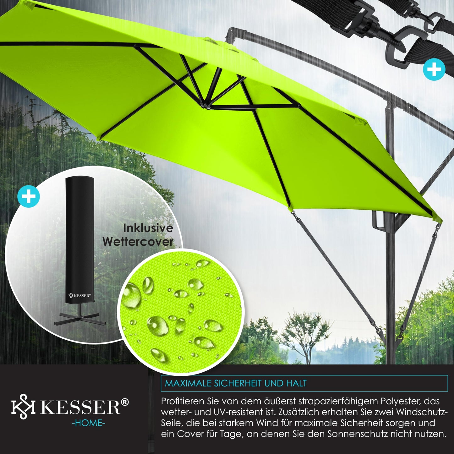 KESSER® Alu Ampelschirm Sonnenschirm + Abdeckung Ø350 cm & Kurbelvorrichtung Kurbelschirm mit Ständer UV-Schutz Aluminium Wasserabweisende Bespannung 360° Funktion Garten-Schirm Marktschirm Hellgrün