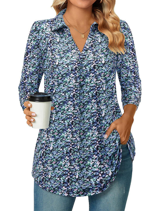 Siddhe Damen Bluse Elegant 3/4 Ärmel Oberteile V-Ausschnitt Große Größen Tunika Tops A-Linie Lockere Arbeits Longshirt Lässige Business Mode Hemd Büro Damenblusen, Blau Blumen 3XL