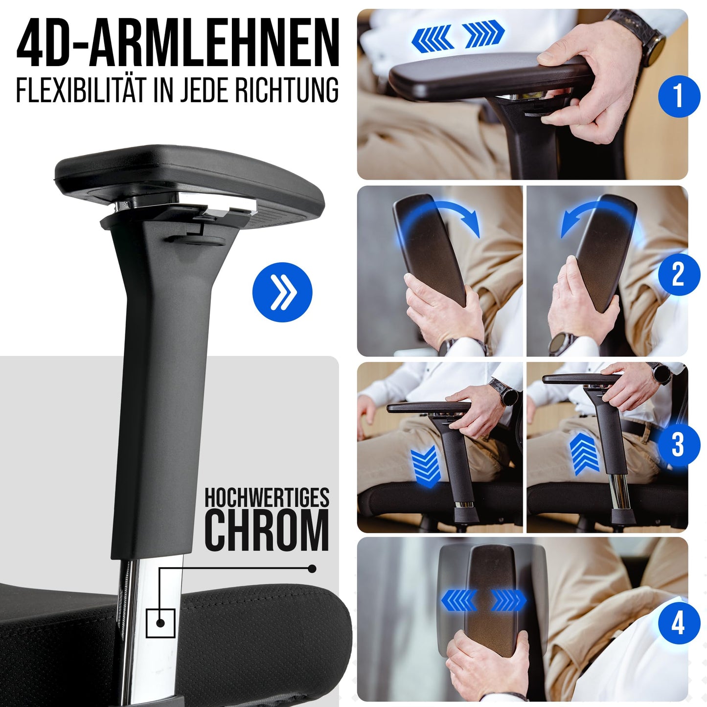 ELITESEATS Bürostuhl Ergonomisch Zertifiziert Schreibtischstuhl 4D Armlehnen | Büro Stuhl [Leise, Kratzerfreie Rollen] Home Office Chair 2D Lordosenstütze Ergonomischer Computerstuhl, Drehstuhl 150kg