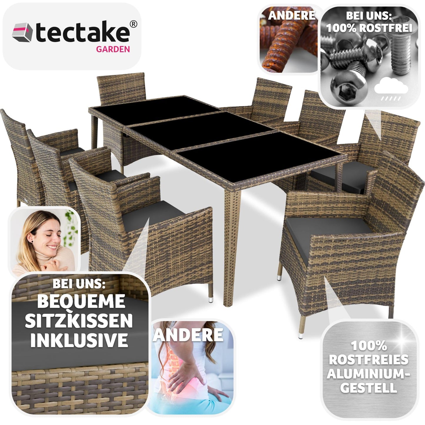 tectake Aluminium Poly Rattan Gartenmöbel Set 8 Stühle mit Tisch mit Glasplatten, inkl. 2 Bezugssets und Schutzhülle, wetterfeste Balkon Möbel - Natur