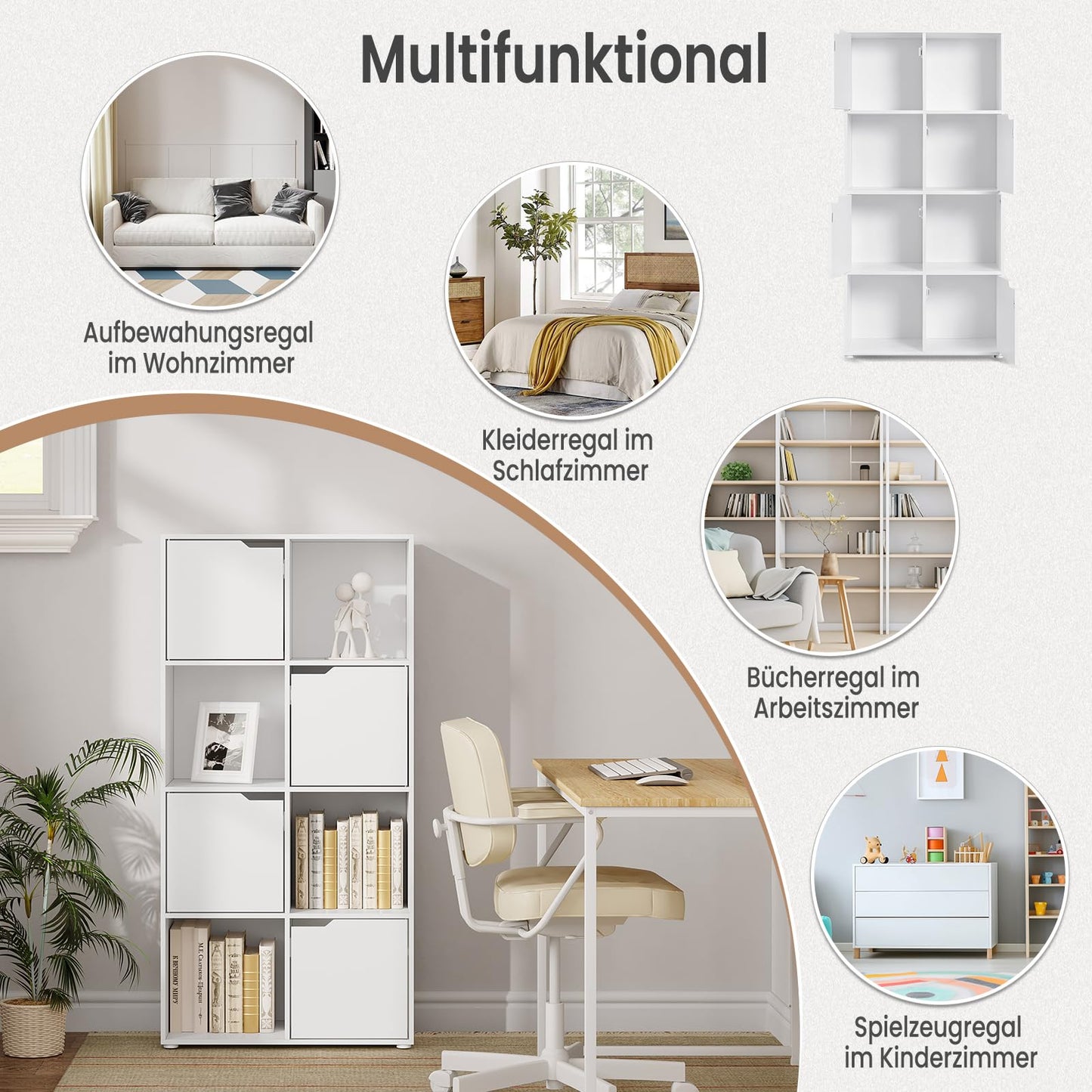 WOLTU 8-Fächer-Bücherregal, Weiß, Würfelregal mit 4 Türen, Kompaktes Standregal für Wohnzimmer, Schlafzimmer und Büro, 60x120x30 cm