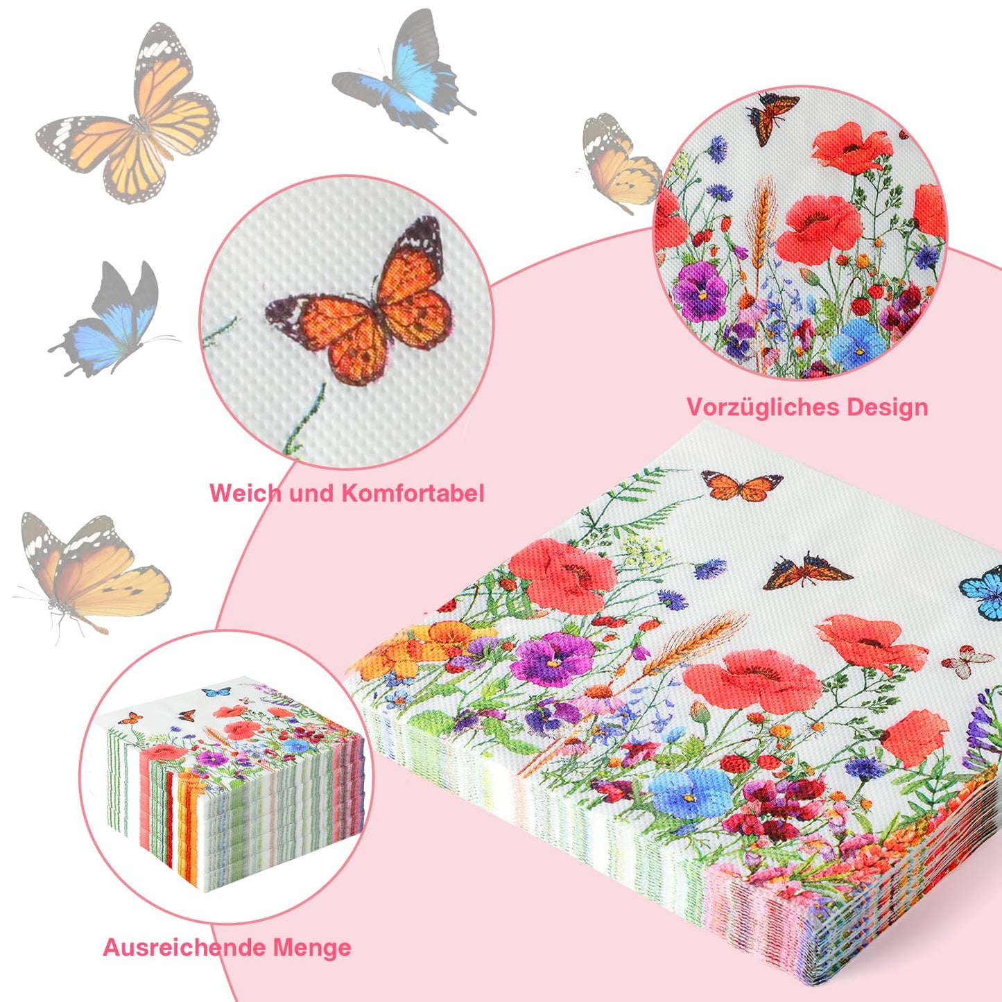 100 Stück Papierservietten mit Blumen Servietten Blumenwiese Schmetterlinge Servietten Blumenmuster für Frühling Geburtstage Partys Hochzeiten Feiern 33x33cm
