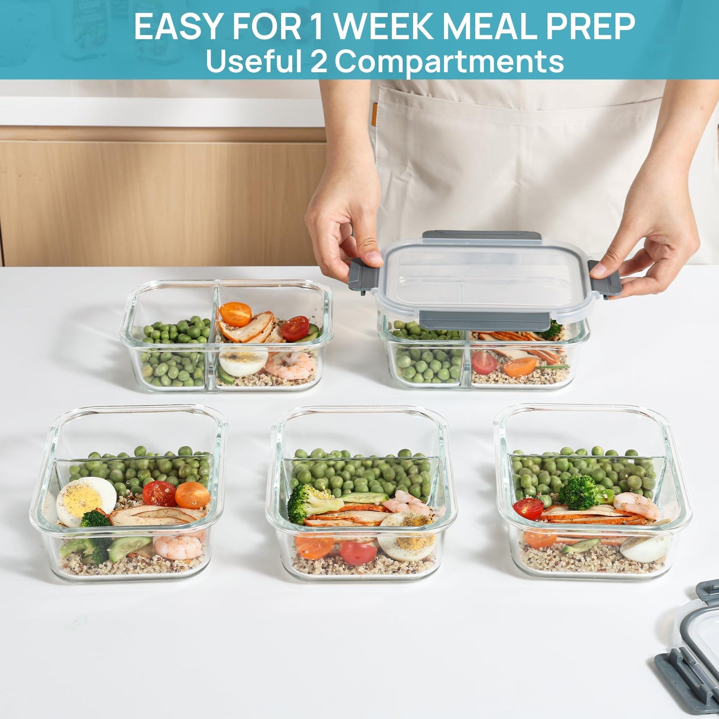 Vtopmart 5er 33oz Meal Prep Boxen, Glasbehälter mit Deckel, Frischhaltedosen Glas mit Deckel für Mikrowelle, Ofen, Gefrierschrank und SpüLmaschine