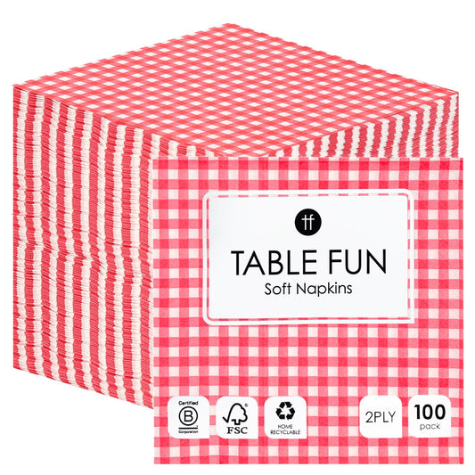 Talking Tables 100 x Großpackung weiche Papierservietten mit rotem Karomuster, Einweg-Partyservietten für Geburtstage, Hochzeiten, Tafelservice, Weihnachten, Catering, Made in EU, 2-lagig, 33 cm