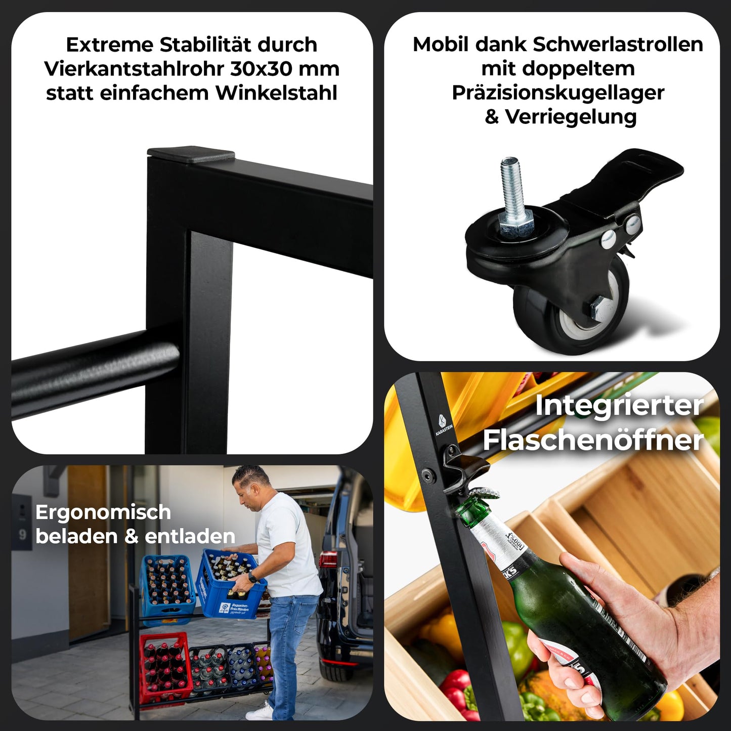 KARASTEIN® Getränkekistenregal 4/6 Kisten Flaschenregal [mit Rollen und Flaschenöffner] Transportieren & Lagern Getränkeregal Kistenregal Regal Getränkekisten Bierkisten Regal Farbe Elegantes Schwarz