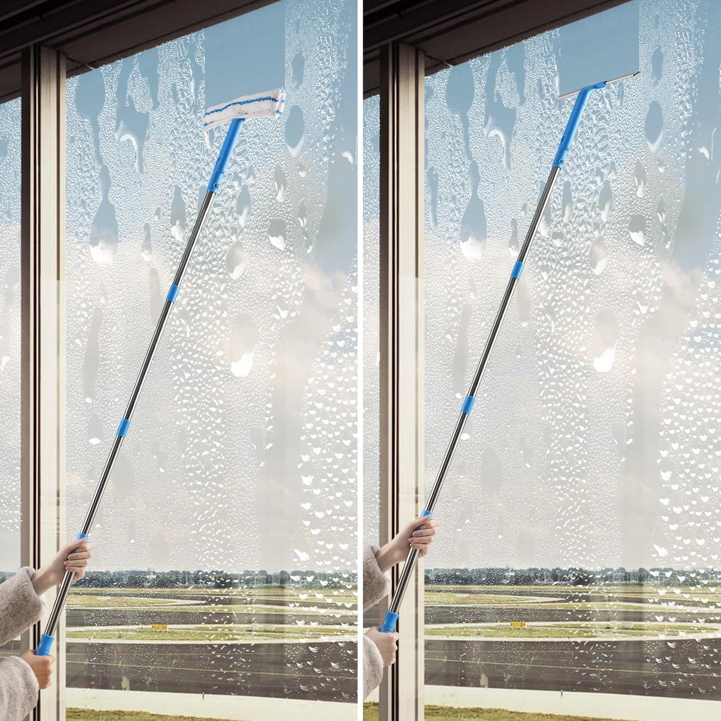 Mitclear Fensterreiniger mit Teleskopstiel (146cm), Professioneller Fensterwischer mit Silikonabzieher & Mikrofaserschrubber, Fensterreinigungsset für Bad, Dusche, Glas, Spiegel, Auto