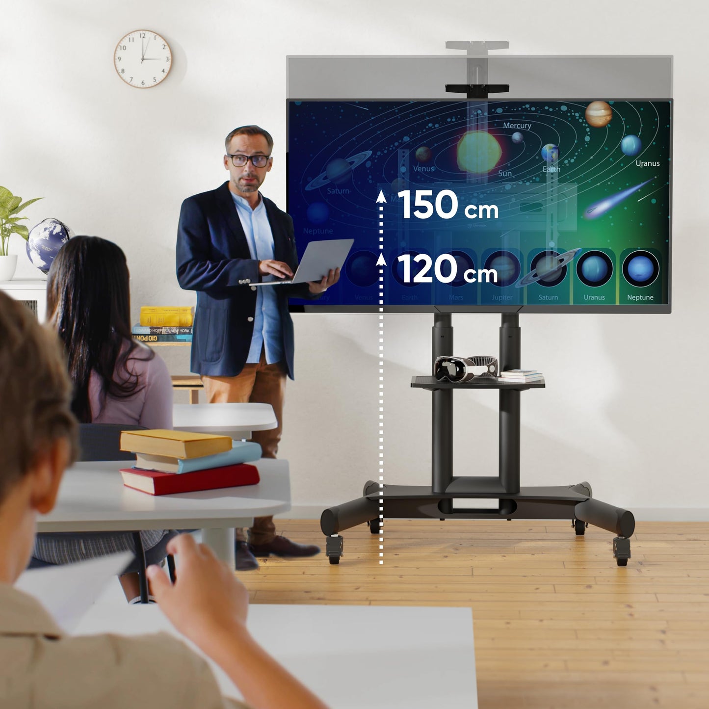 ONKRON TV Ständer rollbar für 40-70 Zoll TVs bis zu 45,5 kg - Fernsehständer höhenverstellbar max VESA 600x400, professioneller Fernseher Rollwagen/TV Wagen mit Rollen Schwarz TS1551-B