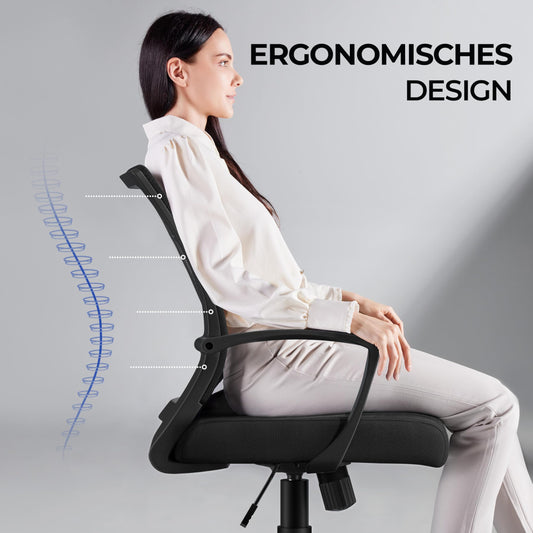 Yaheetech Bürostuhl Ergonomisch, Schreibtischstuhl mit Netzbespannung, Arbeitsstuhl mit Armlehnen, Chefsessel aus Mesh, höhenverstellbarer Computerstuhl 136 kg, atmungsaktiv, Wippfunktion Schwarz