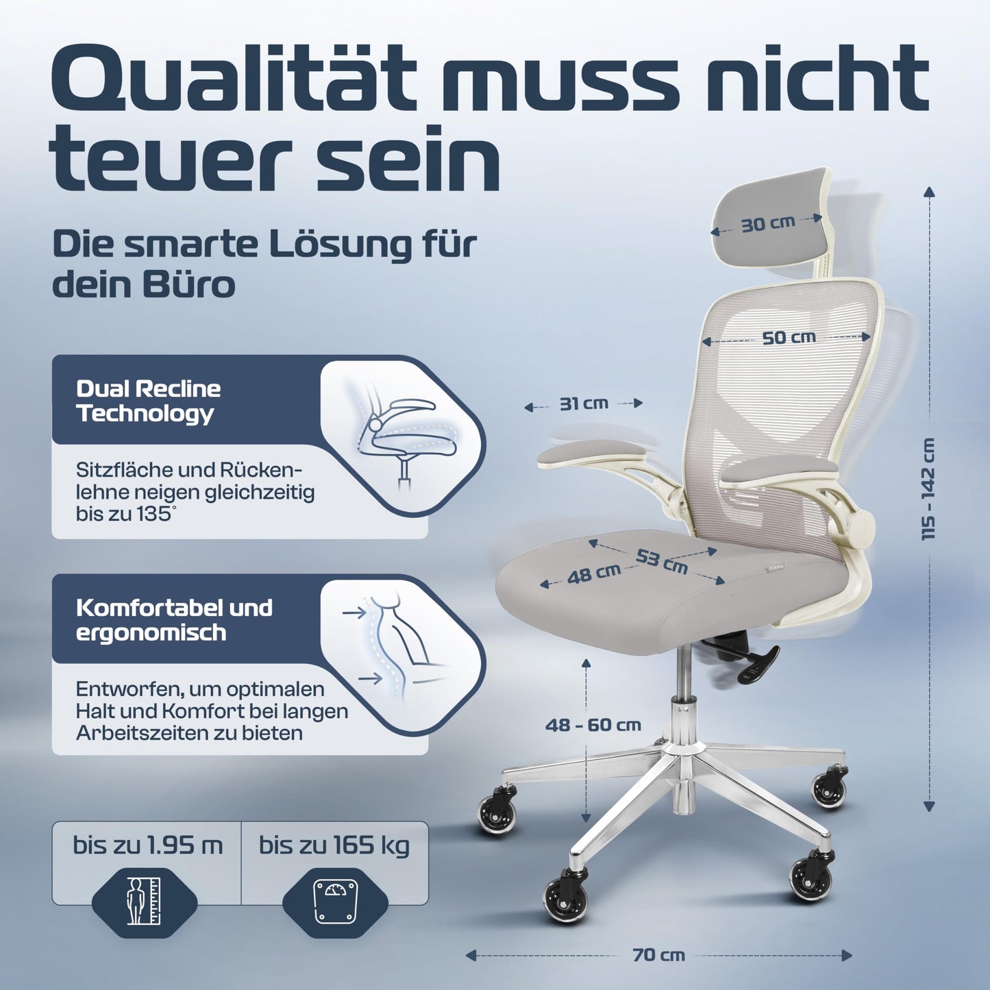 CLOUVOU SmartSeat Bürostuhl Ergonomisch [TESTSIEGER] Schreibtischstuhl 100% individuell einstellbar | Büro Stuhl & Gaming Stuhl | Computerstuhl Home Office Chair Ergonomic | Drehstuhl 150 kg