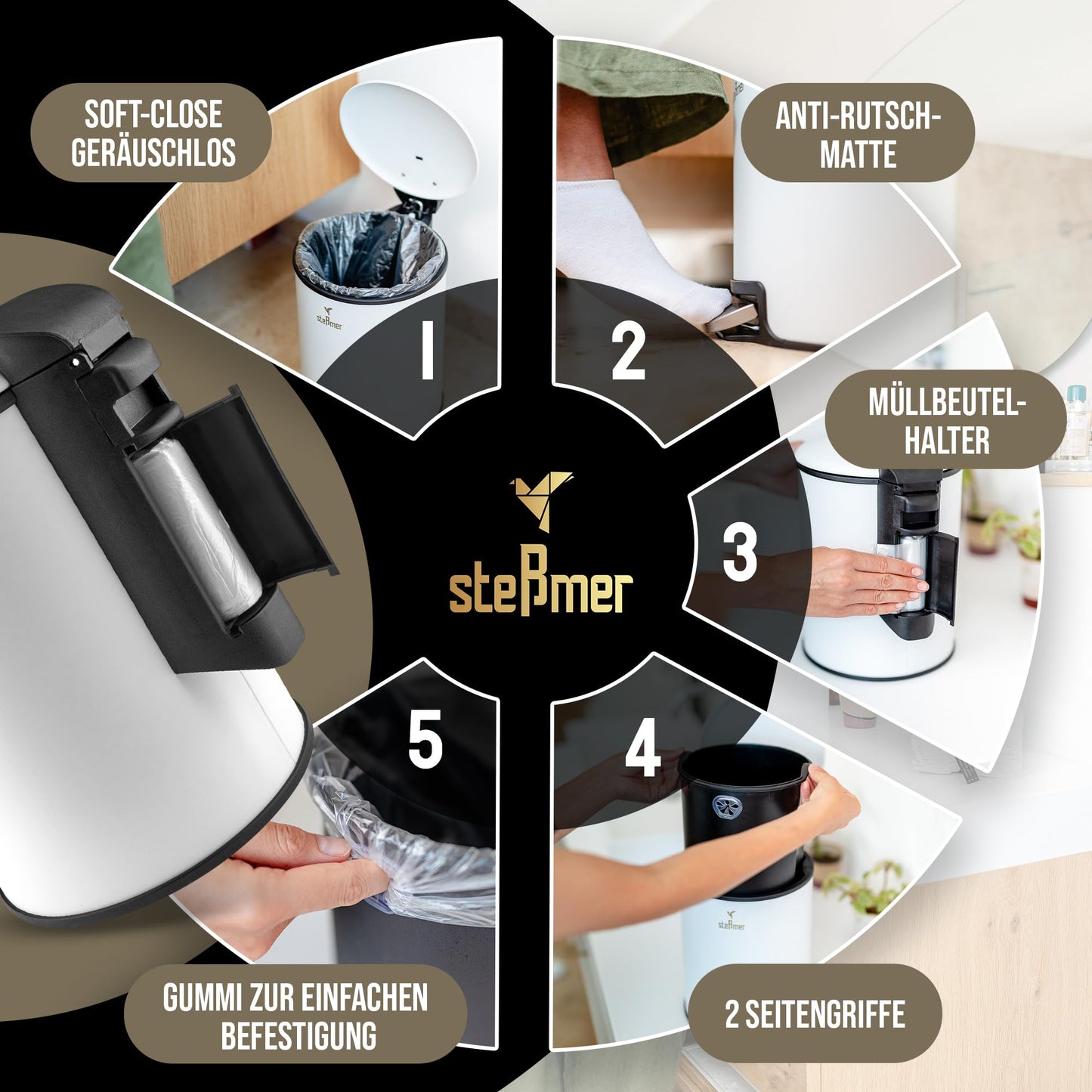 STESSMER Bad Mülleimer [5L] Geruchsdichter kleiner Kosmetikmülleimer fürs Badezimmer | Kosmetik-Badmülleimer, Abfalleimer, Kosmetikeimer, Badeimer, Treteimer, Trash Can | Edelstahl, Schwarz matt