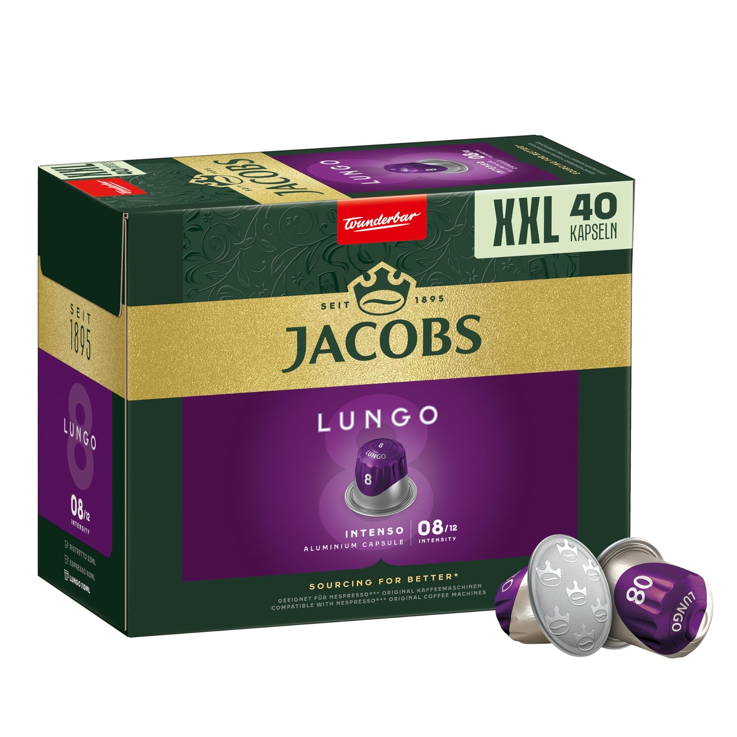 Jacobs Kaffeekapseln Lungo Intenso 8, Nespresso* kompatible Kapseln, Intensität 8/12, Intensive und herzhafte Noten, 200 Stück (5 x 40 Getränke)
