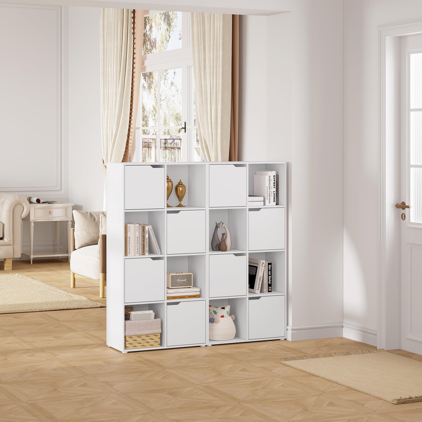 WOLTU 8-Fächer-Bücherregal, Weiß, Würfelregal mit 4 Türen, Kompaktes Standregal für Wohnzimmer, Schlafzimmer und Büro, 60x120x30 cm