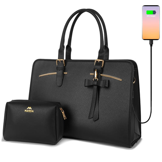 MATEIN Laptop Handtasche Damen, Business Taschen Damen Leder Aktentasche 15.6 Zoll Laptoptasche Elegant Mittelgroß Arbeitstasche Damen Büro Schule Taschen Shopper Handbags for Women, Frauen, Schwarz