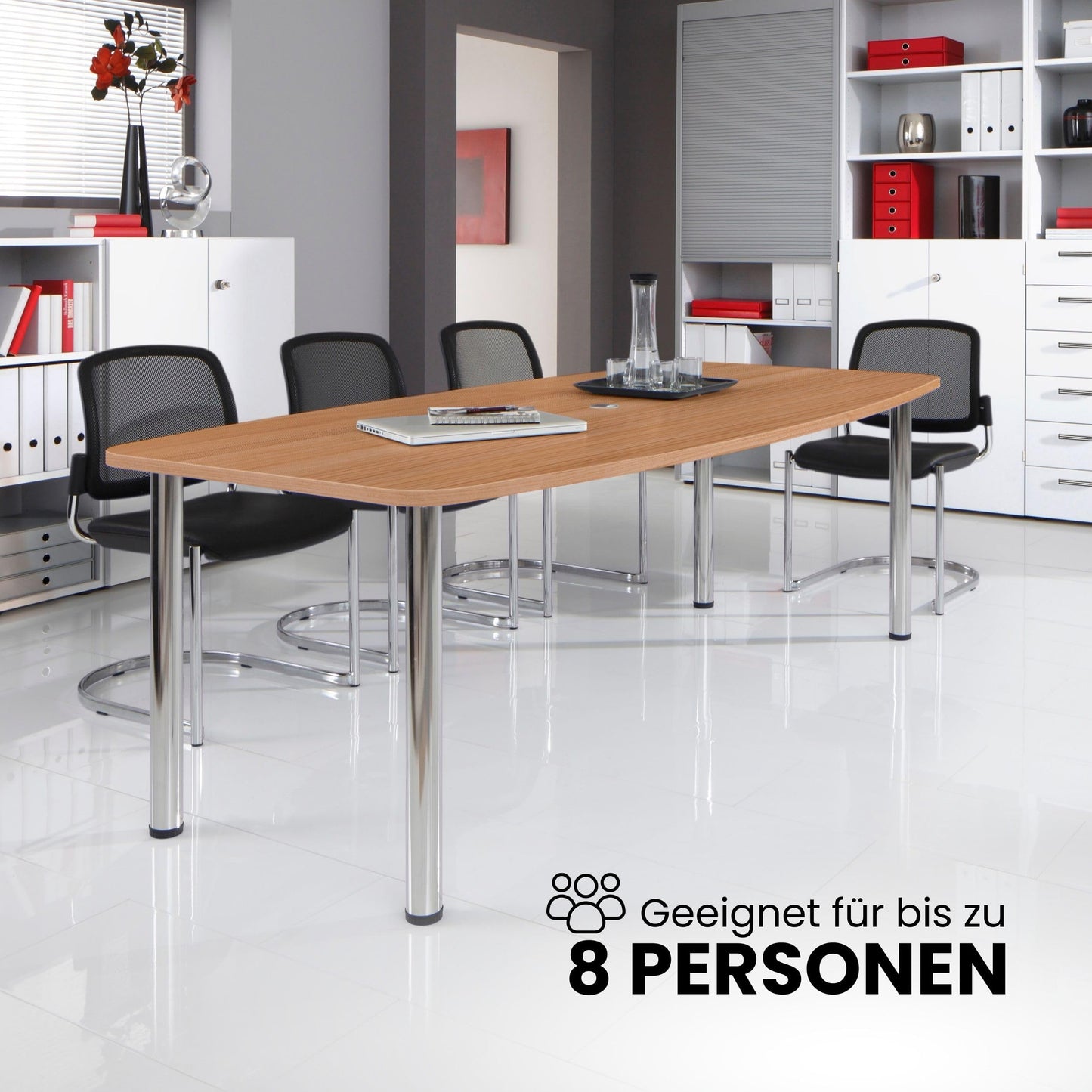 Bümö Konferenztisch oval 220x103 cm großer Besprechungstisch in grau, Besprechungstisch mit Chromsäulen, Meetingtisch für 8 Personen, XXL-Tisch für Besprechungsraum & Meeting