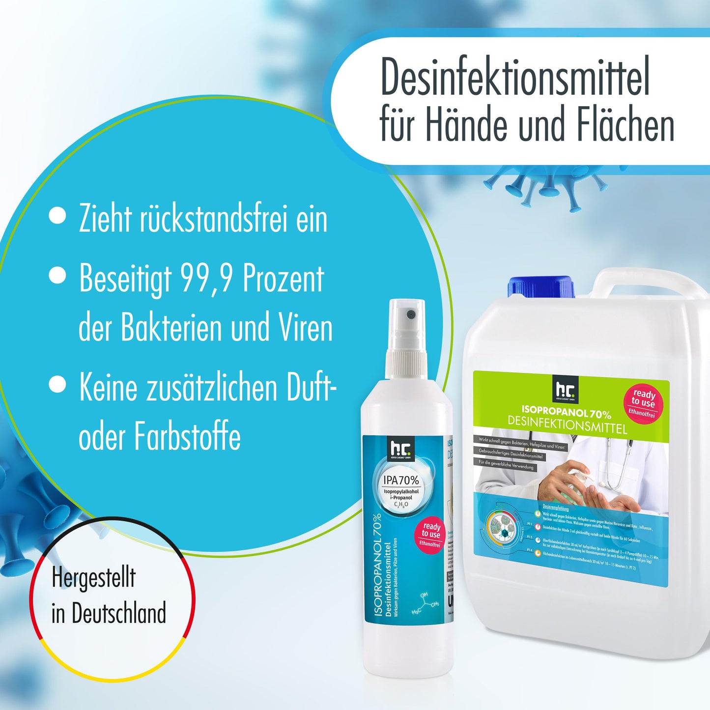 Höfer Chemie 5 L Zugelassenes Desinfektionsmittel für Hände & Flächen - anwendungsfertig - auch geeignet für Lebensmittelindustrie