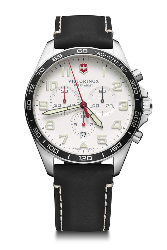 Victorinox Herren Armbanduhr Fieldforce Chrono Ø 42 mm, Swiss Made, Analog Quarz, Wasserdicht bis 100 m, Saphirglas, Leder-Armband, Schwarz/Weiß