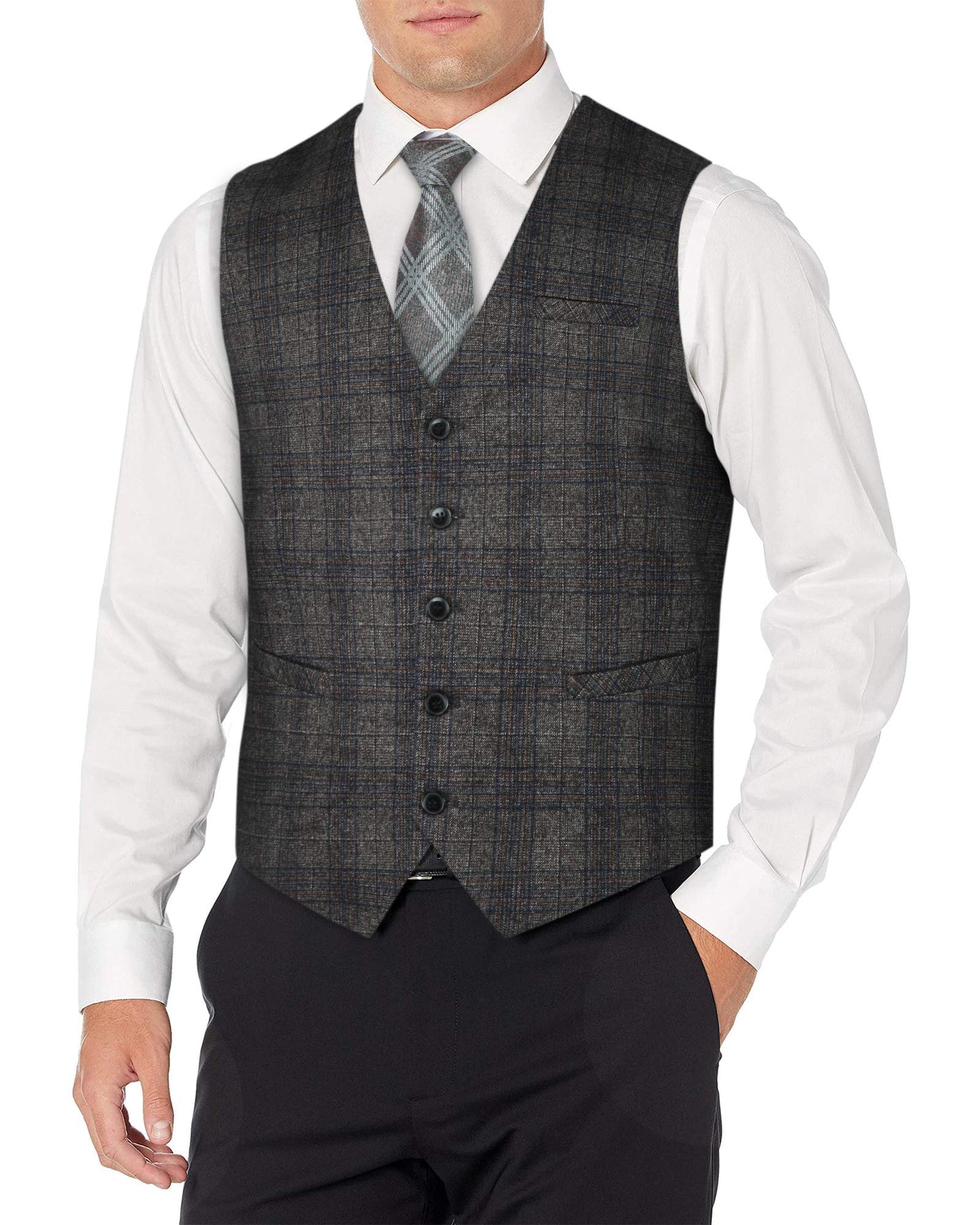 HISDERN Herren Karierte Weste formale klassische Weste Baumwolle Hochzeit Hahnentritt Anzug Westen Grau L