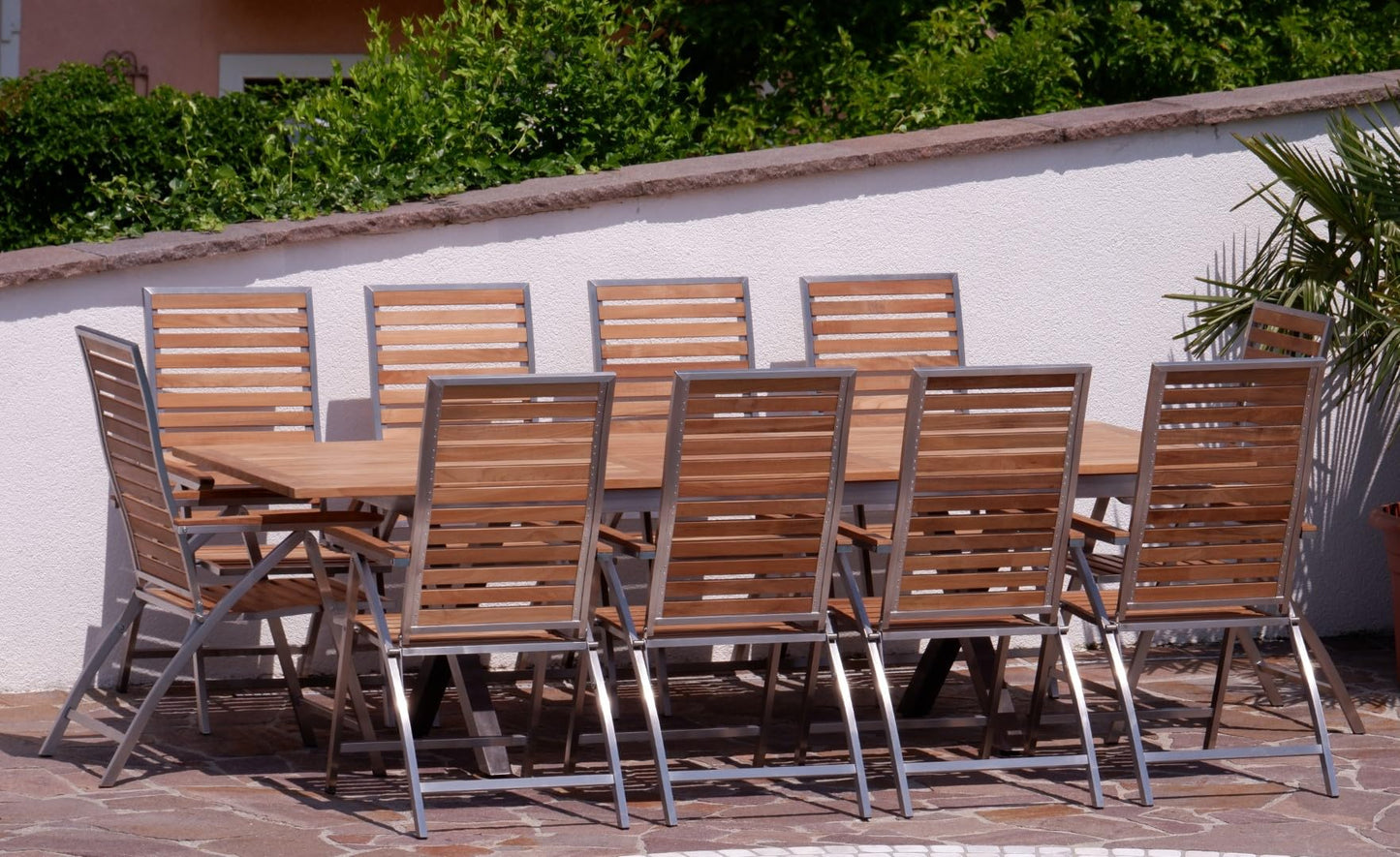 ALEOS. Gartengarnitur Edelstahl Teak Set: Ausziehtisch 200-260x100 cm + 10 Teak-Edelstahl Hochlehner, Sitzgruppe A-Grade Teak Holz - Serie Nassau - Gartenmöbel Set 10 Personen Gastronomie Qualität